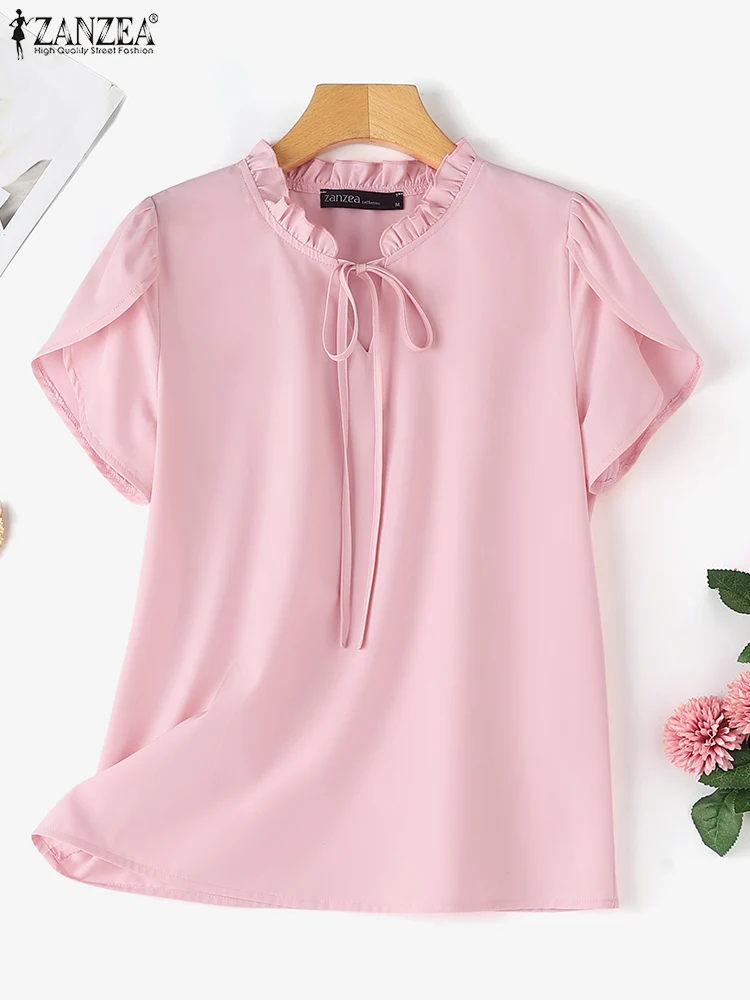 ZANZEA Women Bow Tie Neck Ruffle Blouse 2024 Summer Elegant Solid Petal Short Sleeve Shirt Tops Korean Office Casual Tunic Blusa