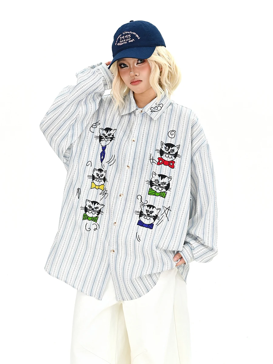 

Cartoon Striped Long Sve Loose Women's irt Spring 2026 New Sle American College Couple Tops Easy to Wear And Comfortable