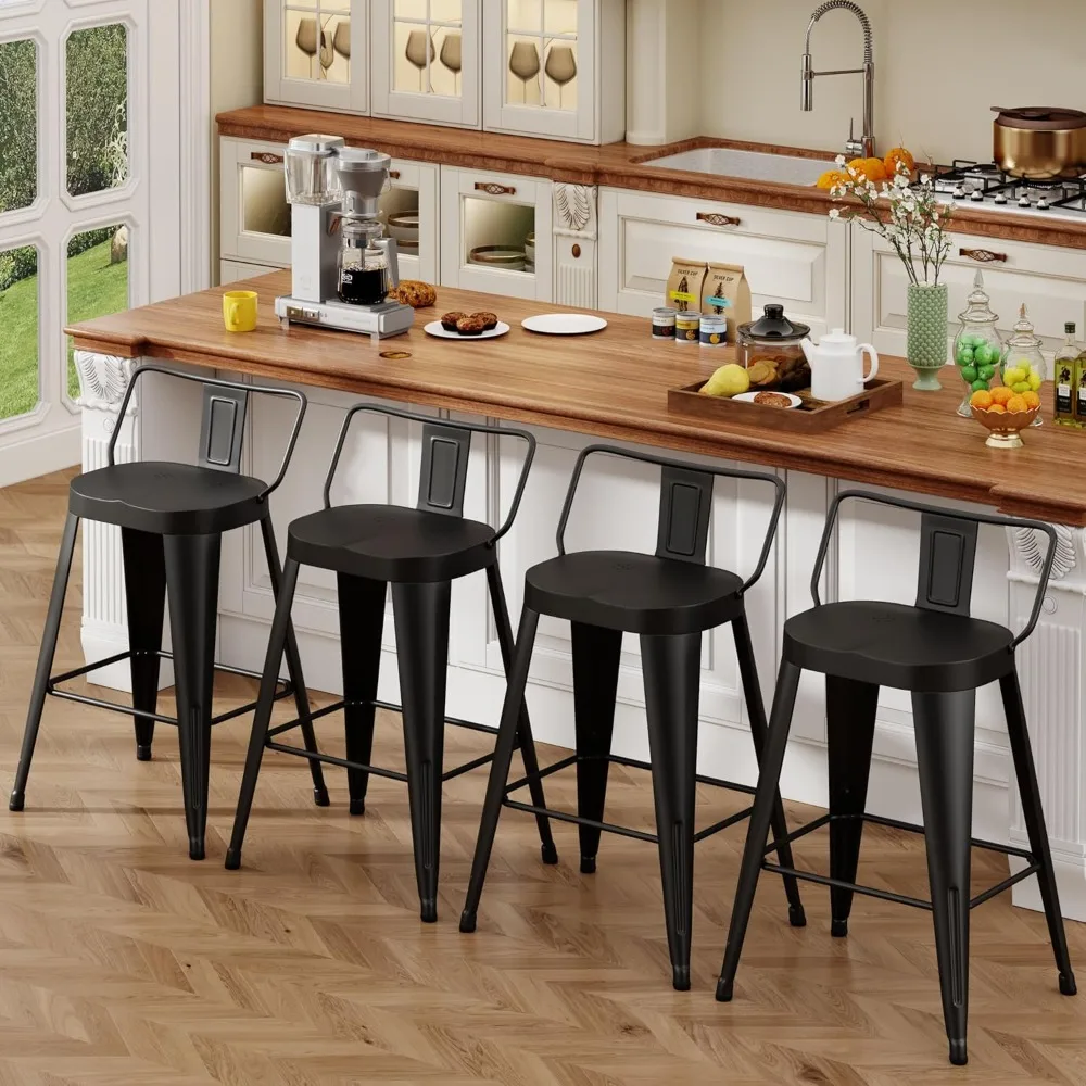24インチ バースツール 4脚セット、インダストリアルメタルバースツール ファームハウスバーチェア 大きなシート付き キッチンアイランド用 (24インチ)