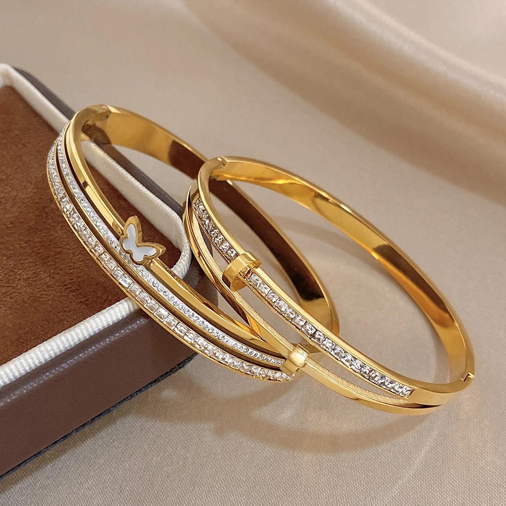 

Elegant Interleave Multilayer Stainless Steel Bangle for Women Sparkling Rhinestone Waterproof Spring Bangle Party Jewelry Gift