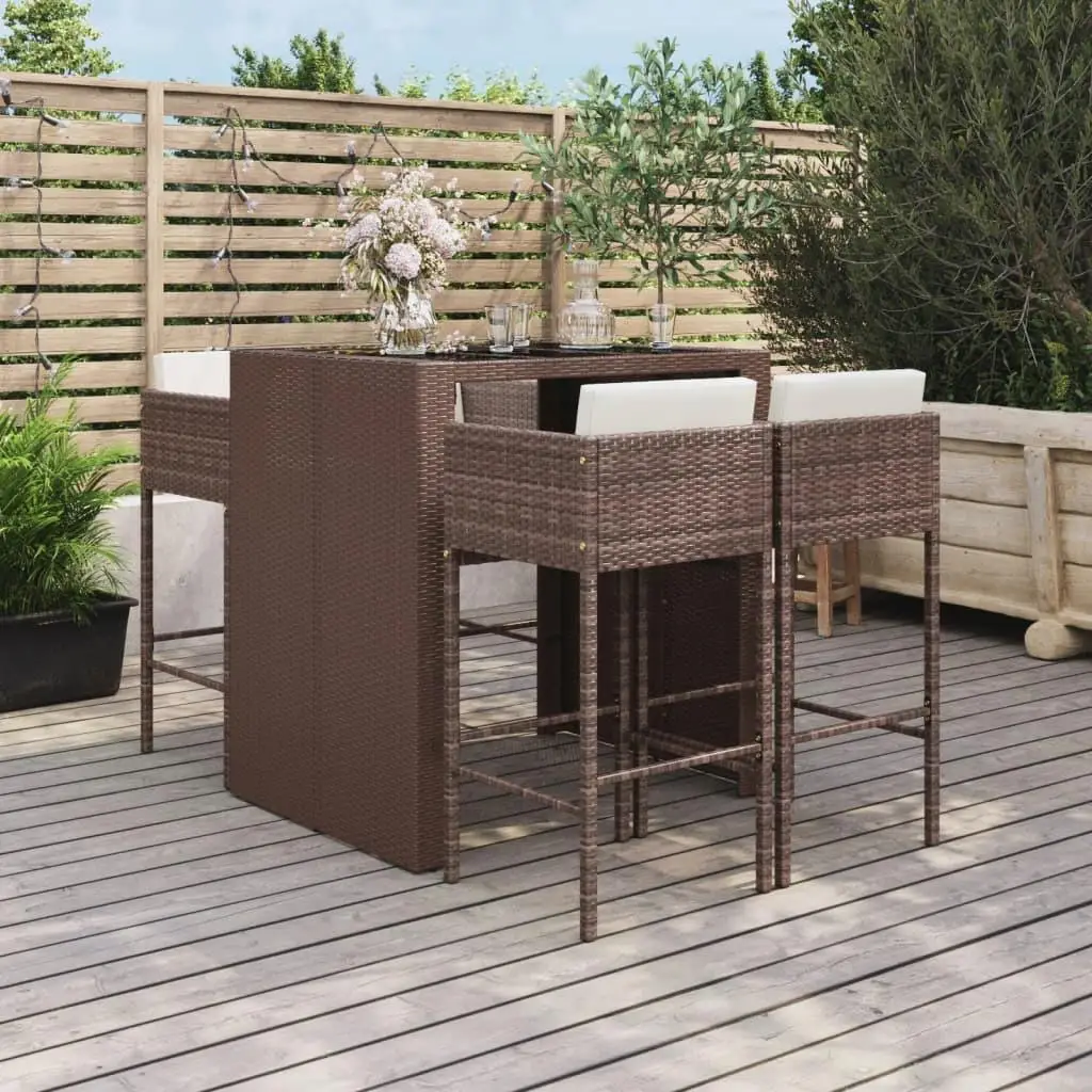 5-Piece Brown Poly Rattan Patio Bar Set with Cushions for Outdoor Dining