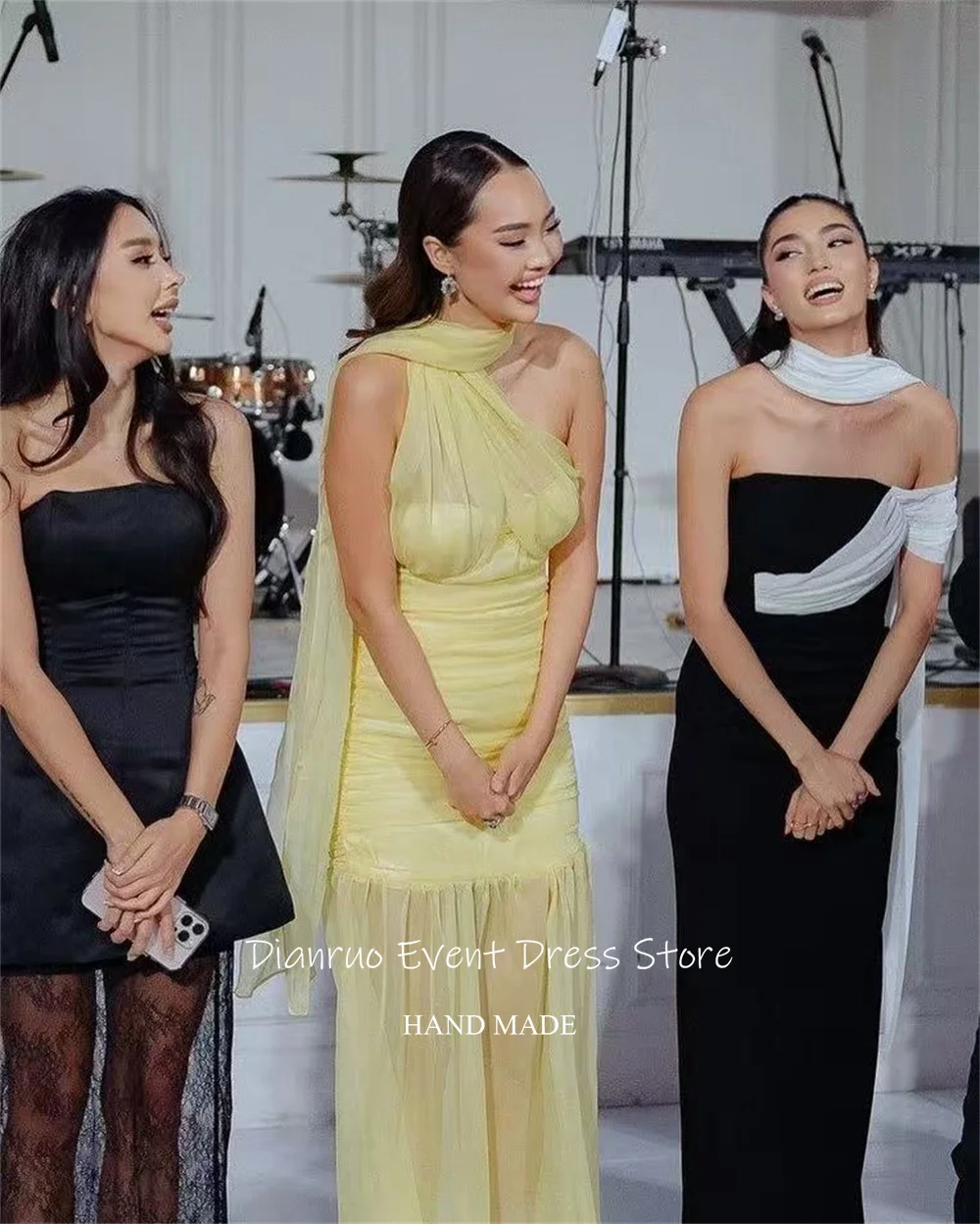 فساتين سهرة Dianruo Airy Yellow رسن على شكل حرف A بدون أكمام فساتين حفلات مكشكشة الوهم فلوي نادي مسائي مخصص