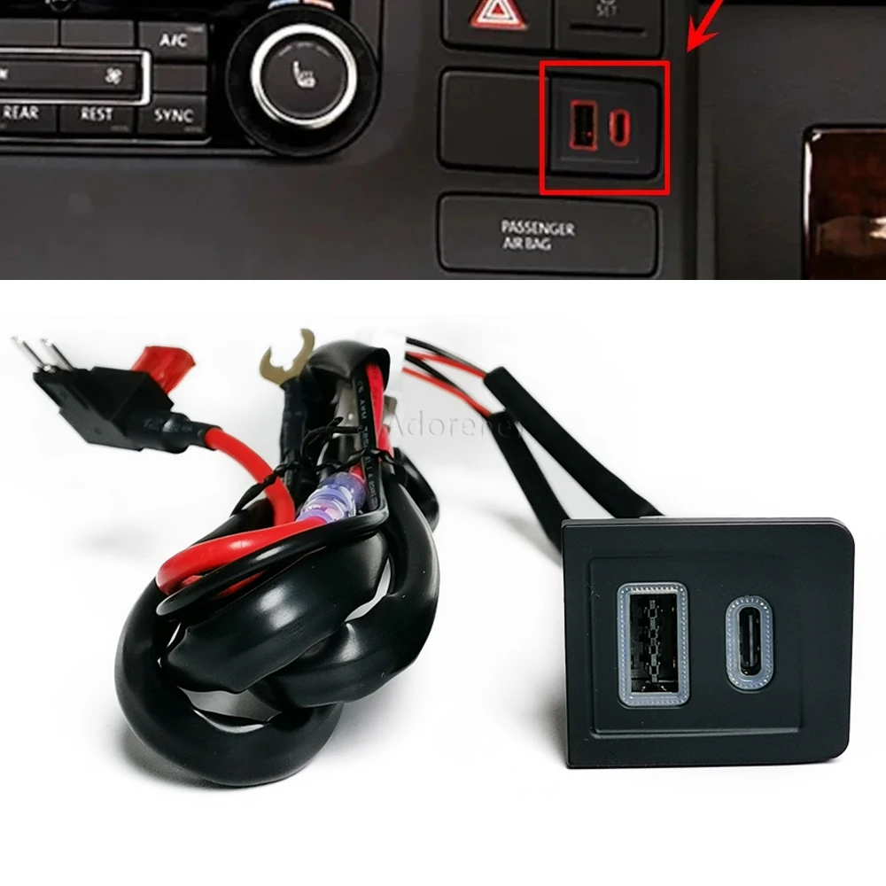 1PC Red Led Light Car Dual QC3.0 USB PD Type C Charger Socket Power Phone Charger Adapter Fit For Multivan T5 2003-2009