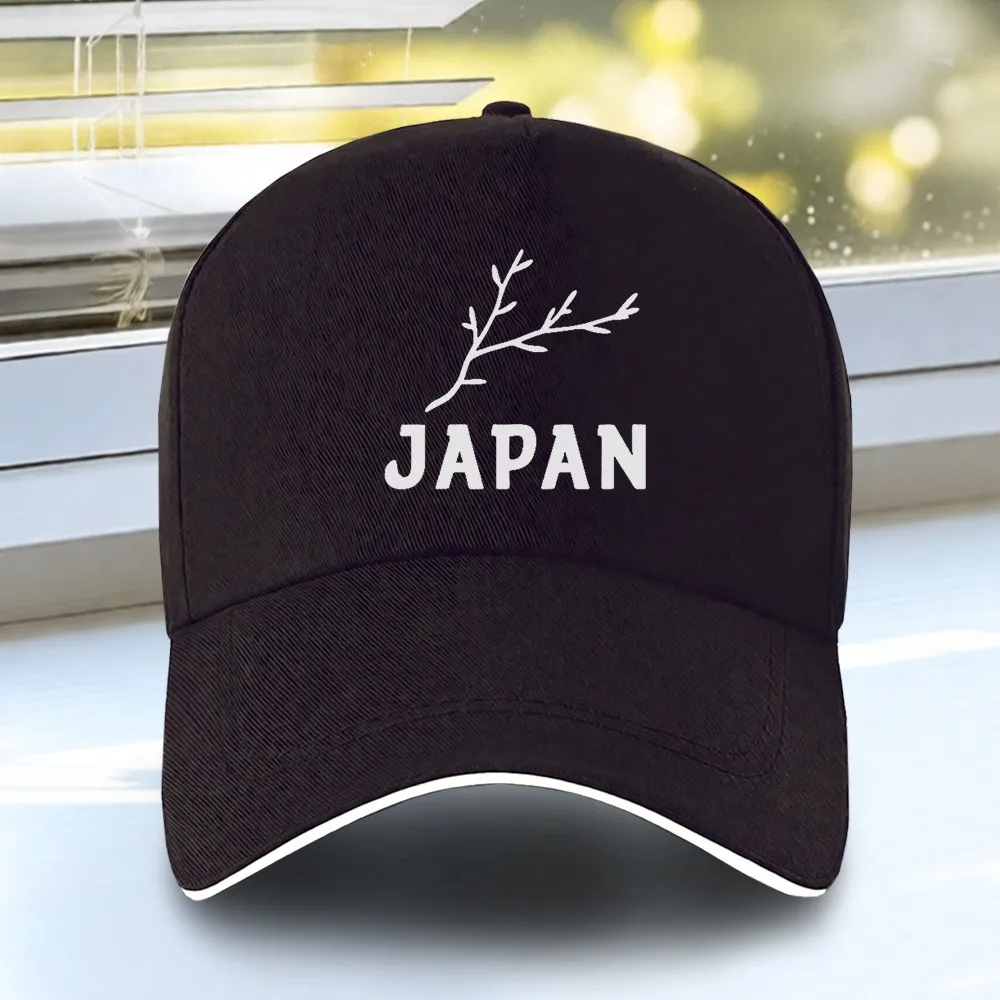 Japan Sakura Branch Print Baseball Cap Minimalist Japanese Cherry Blossom Letter Hat Adjustable Black Casual Dad Cap