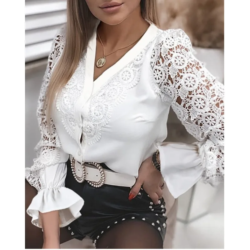 

Shirt Long Sleeve Single Breasted Elegants Y2K Shirt Tops Solid Lace V-neck Cardigan Women Clothes Office Lady Shirt Tops