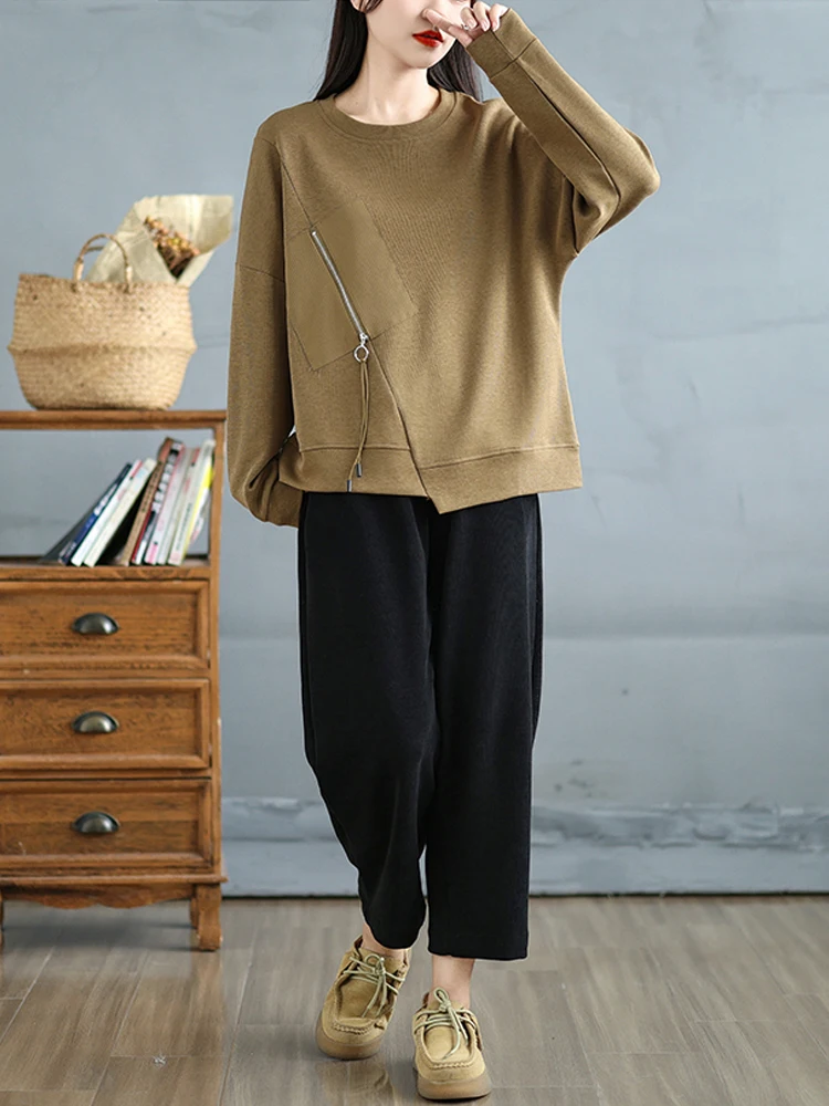 Women Clothing 2025 New Autumn Winter Office Lady O-Neck Irregular Patchwork Windbreakers Casual Loose Zipper Pocket Bottom Tops