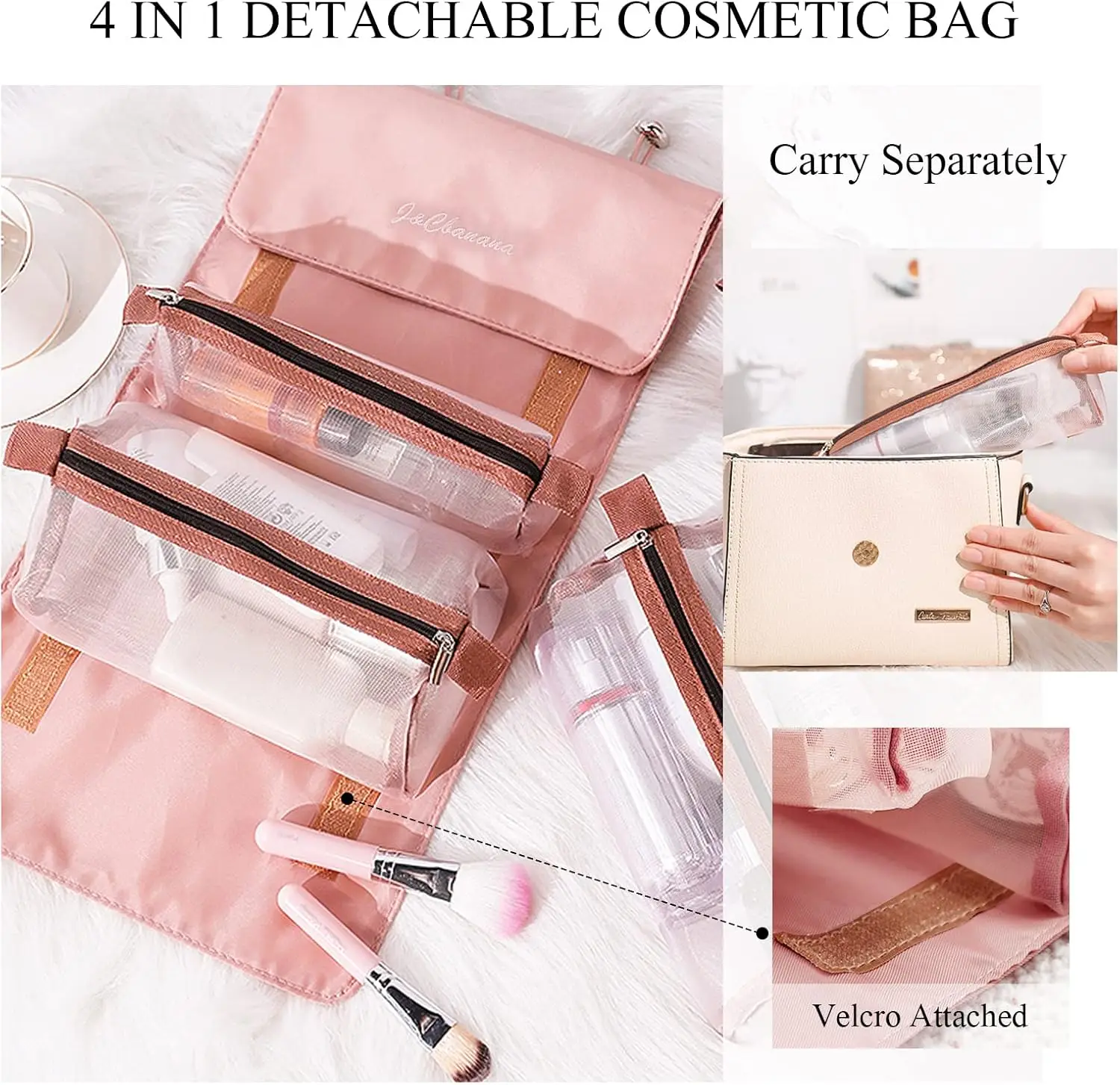 4 in 1 Detachable Toiletry Bag Hanging Roll-Up Makeup Bag Large Capacity Travel Wash Bag Mesh Cosmetic Bag Portable Foldable