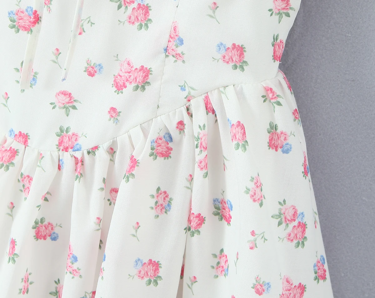 Sexy White Floral Print Bow V neck Tank Dress Women Lacing up Back Slim Low Waist Party Skater Short Dresses Sling Robe Vestido