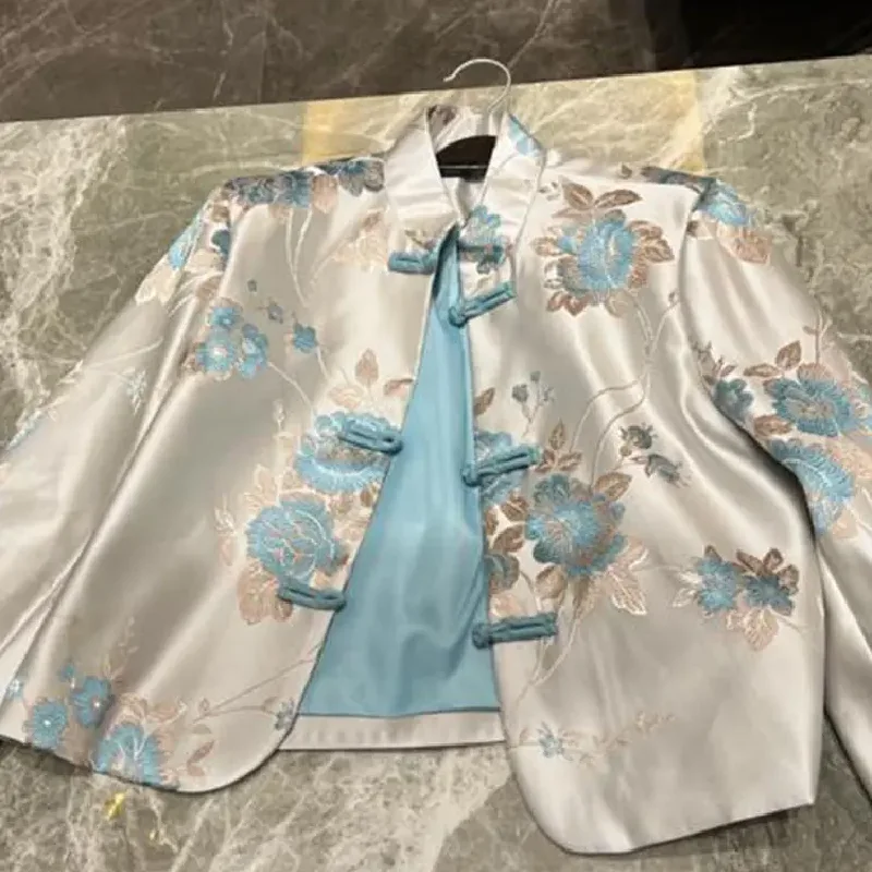 2024 New Chinese Style Blouse Chinoiserie Fashion Embroider Matching Coat Women Autumn Blue Lady Casual Daily Tangsuits Shirt