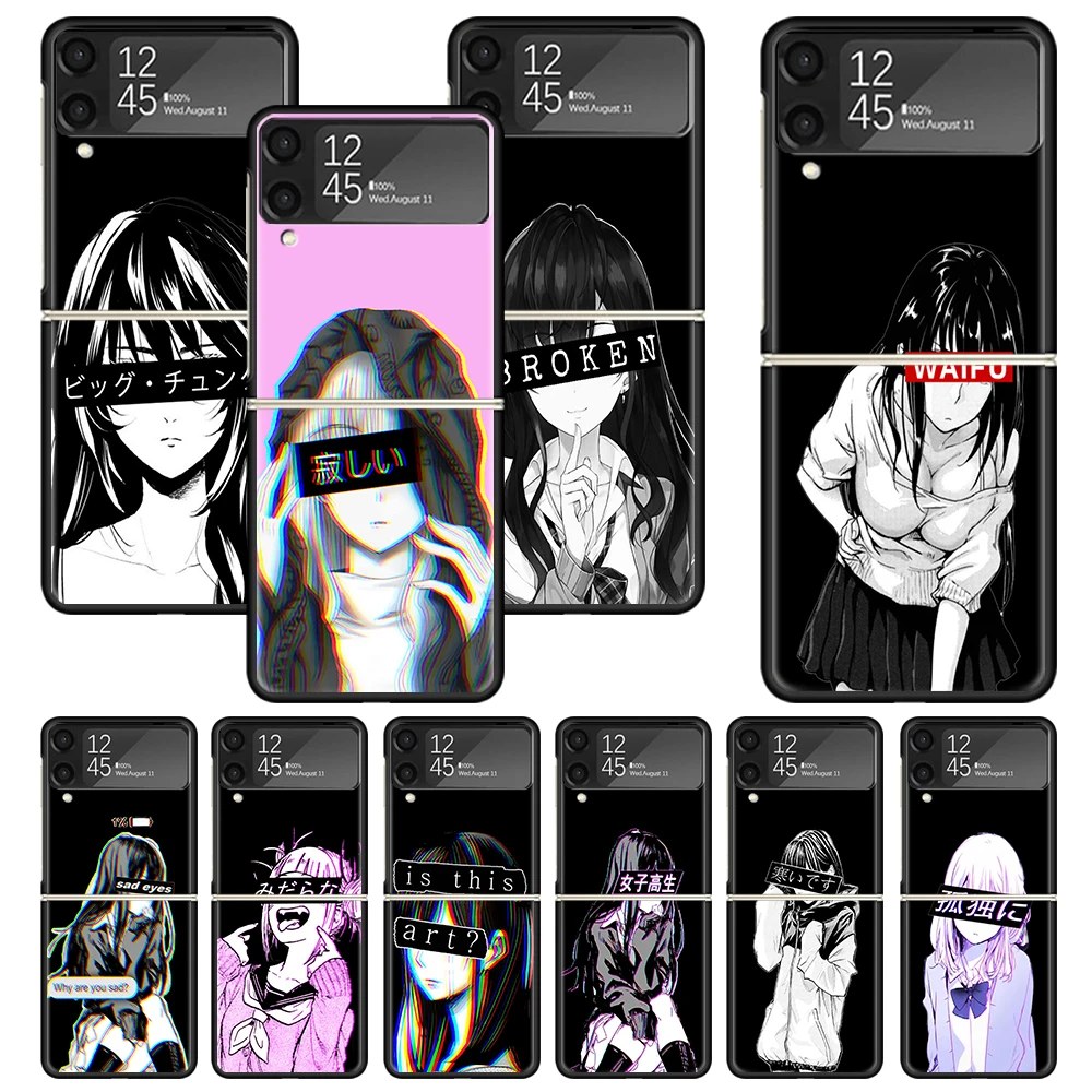 Sad Anime Aesthetic Senpai Print Case For Samsung Galaxy Z Flip 3 4 5 6 5G Phone Shell ZFlip6 Flip5 Flip4 Flip3 Pattern Black Ha