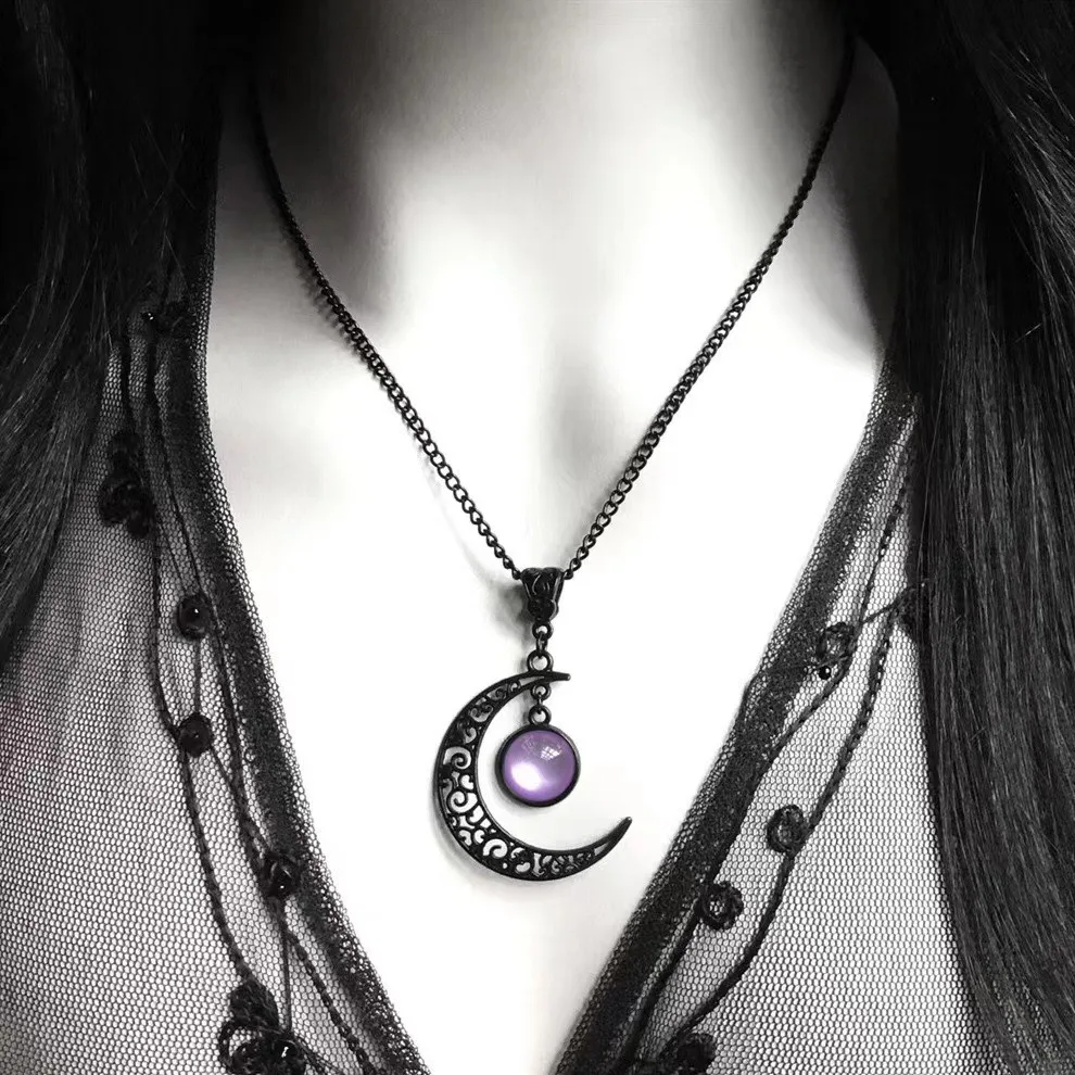Halloween Goth Halbmond Halskette Dunkler Stil Edelstein Anhänger Wicca Hexe Stil Makkarisches Amulett Halbmond Luna Schmuck