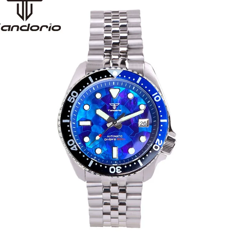 Imagem -06 - Relógio de Mergulho Automático Masculino Tandorio Mostrador em Madrepérola Safira Data Bisel Rotativo Coroa de Parafuso Luminoso Azul Nh35a 41 mm 200m