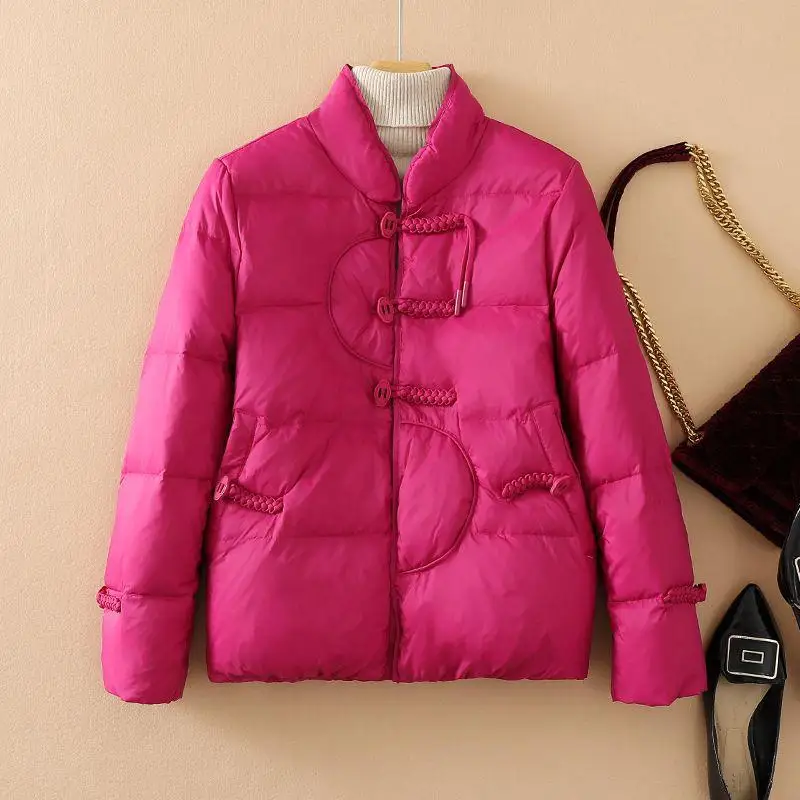 

Winter ort Women's down Jaet Buttoned Waist-Cinching Cold-Resistant Coat Sweet Sle Straight-Cut White Du down Filling