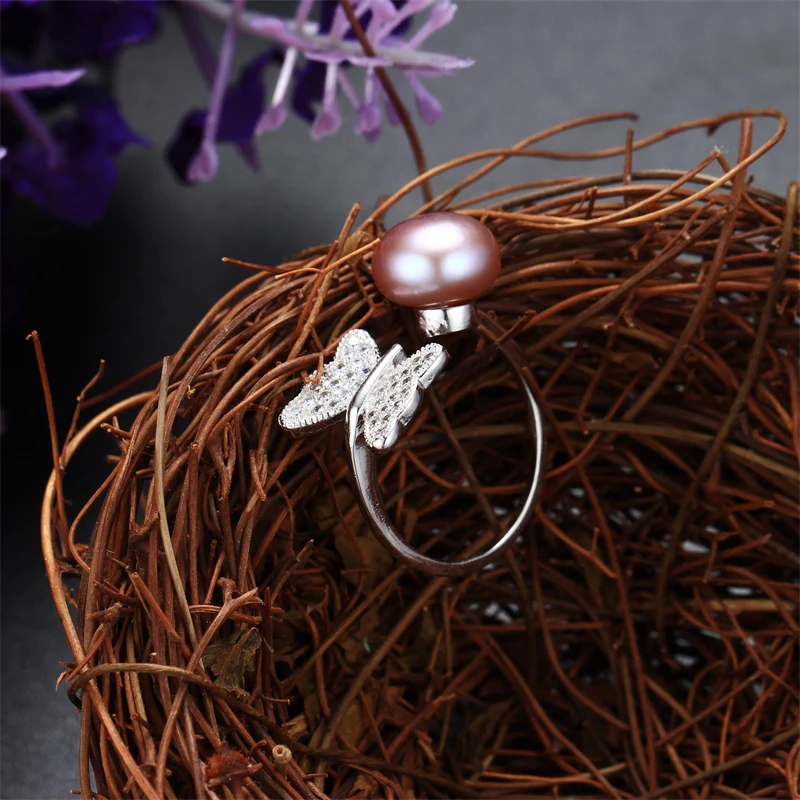 2025 New Personality Butterfly Shape Shiny Zircon Ring Natural Freshwater Pearl Ring Adjustable 925 Silver Fashion Fine Jewelry