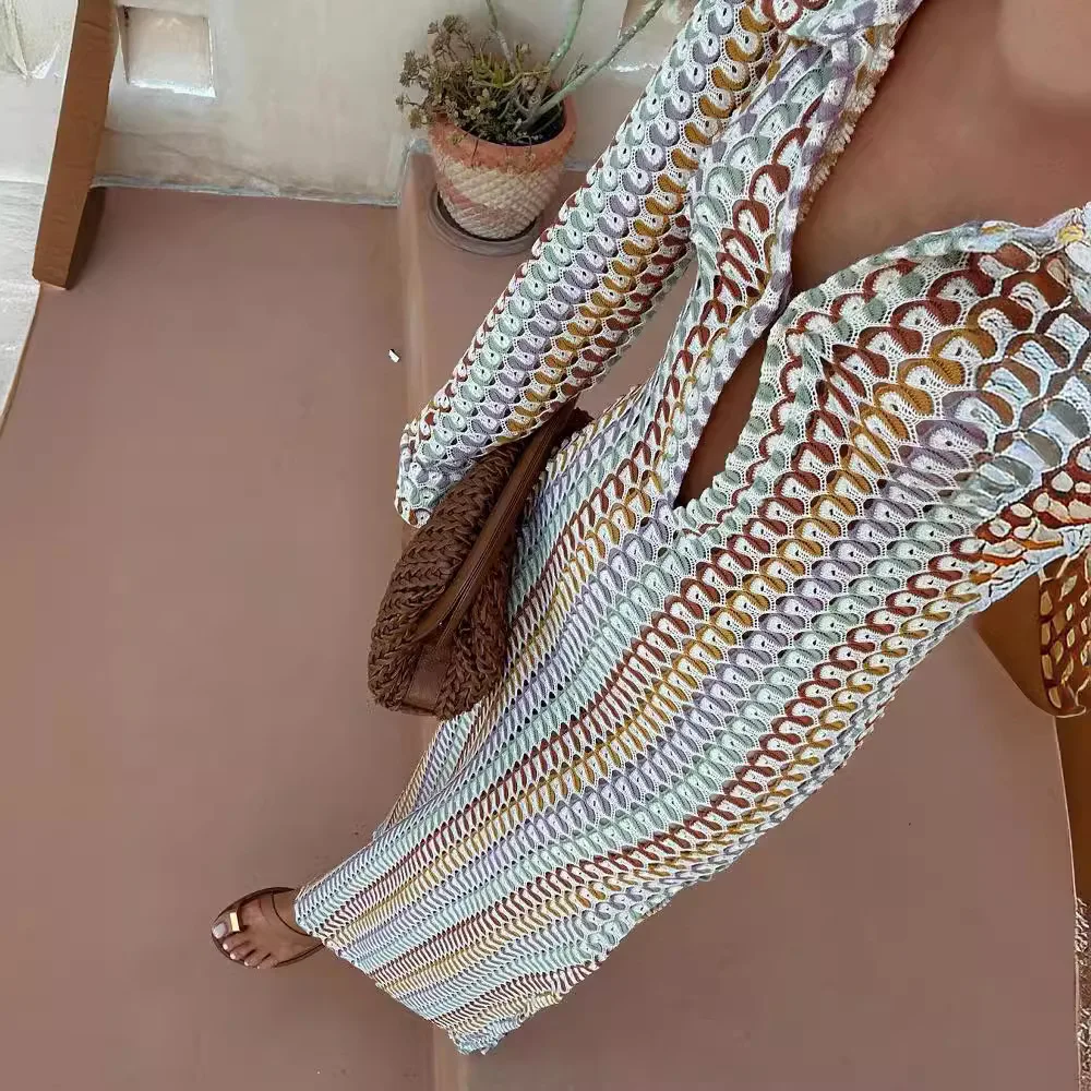 اليدوية هوك زهرة الجوف الشاطئ المنخفضة قطع الخامس الرقبة شق المرأة فستان طويل Vestidos Largos Femininos فساتين طويلة Femininos 2025