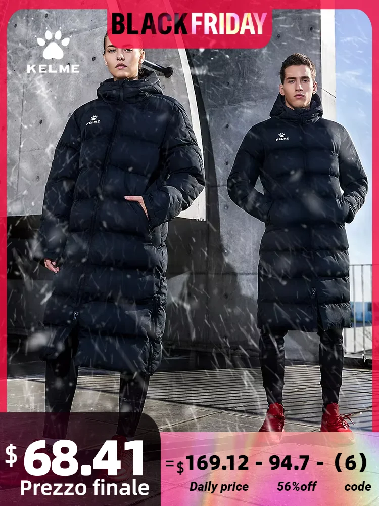 

KELME Men Winter Jacket Long Sports Training Hooded Coat Outrwear Warm Silk Cotton Windproof Cotton Clothing пуховик женский