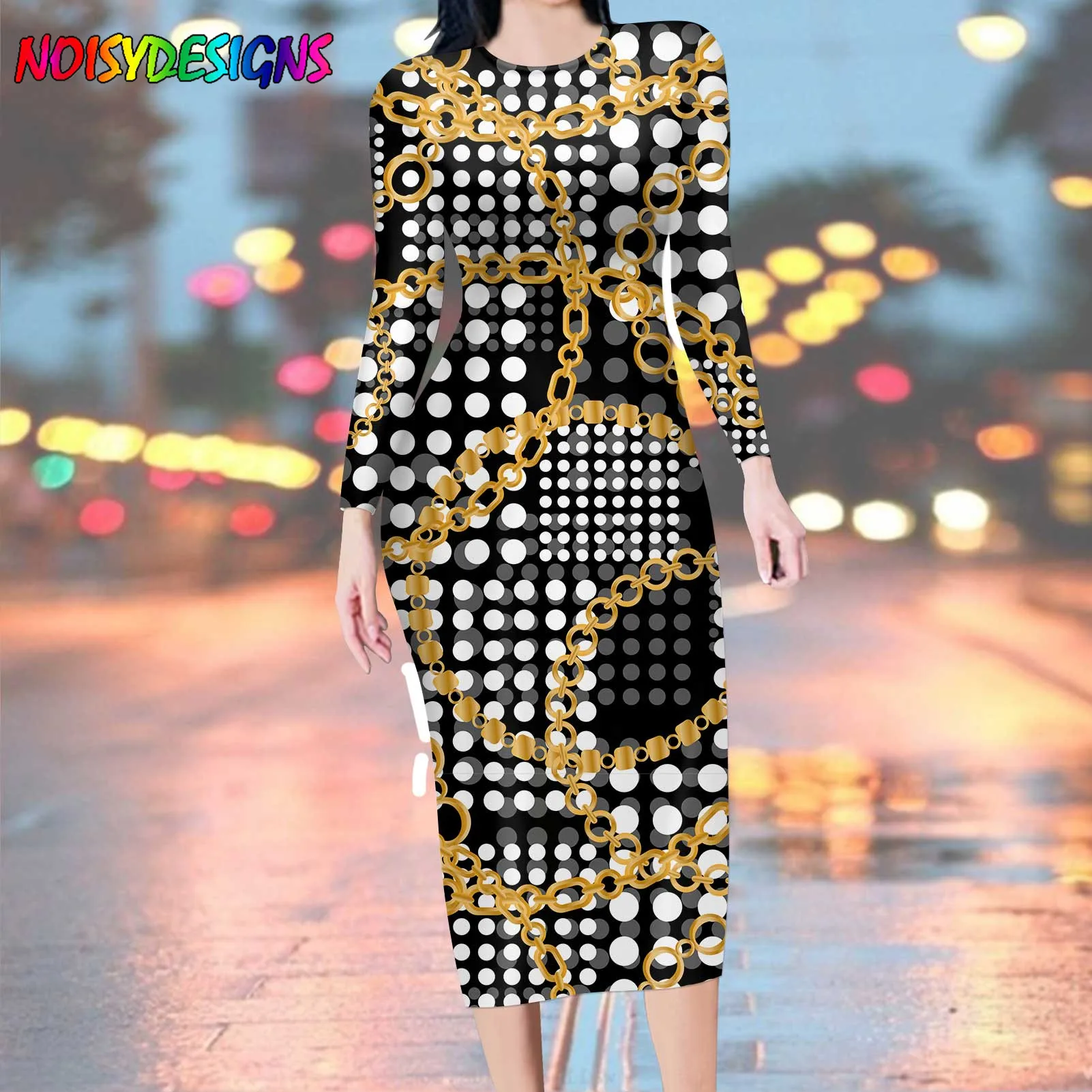 NOISYDESIGNS Elegan Soft Golden Vintage Luxury European Pattern Dress Spring Women Long Sleeve Dresses Club Party Vestidos