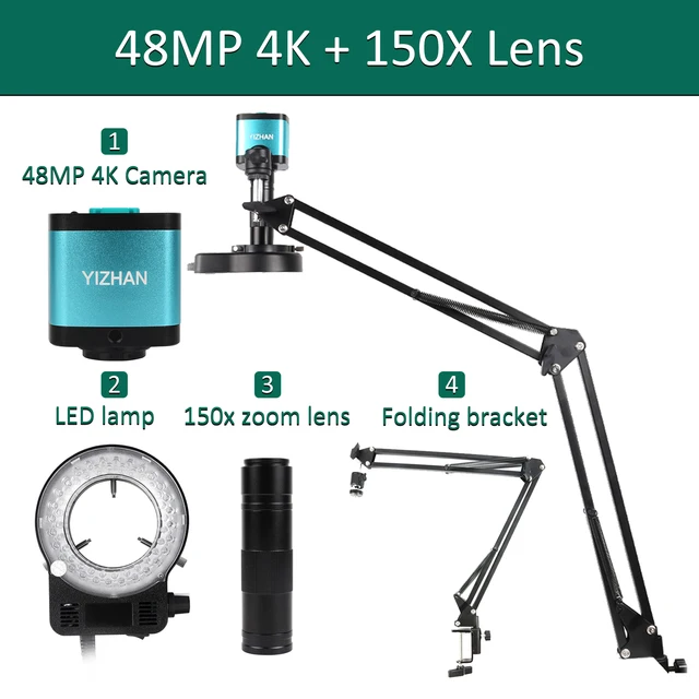 Mikroskop 4K do elektroniki 48MP mikroskop cyfrowy kamera opcjonalny obiektyw 1-150x LED Light składany uchwyt telefon Pcb lutowanie