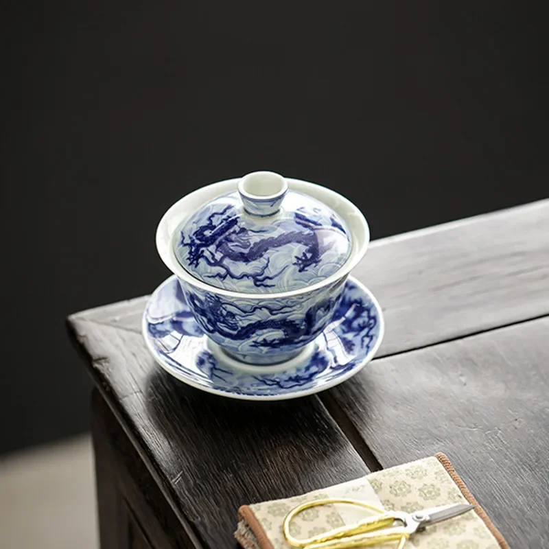 Miyayan Style Ceramic Gaiwan Teacup Handmade Chinese Dragon Pattern Tea Tureen Bowl Retro Porcelain Teaware Accessories 150ml