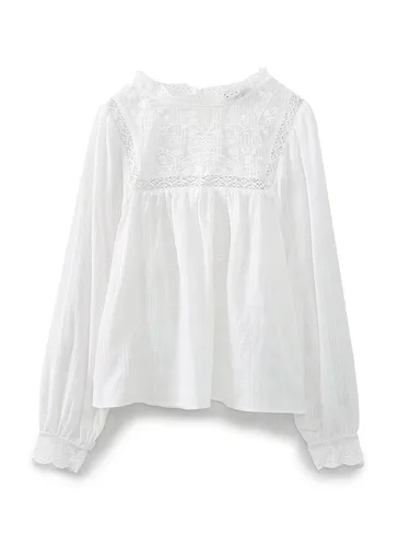 Willshela, blusa calada blanca bordada a la moda para mujer, camisas Vintage de manga larga con cuello redondo para mujer, camisas elegantes para mujer