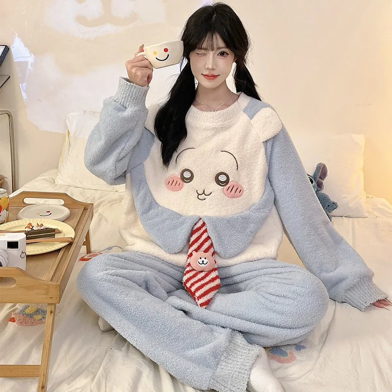 

Зимний утолщенный пижамный комплект из кораллового флиса, женская одежда для сна с милыми героями мультфильмов, домашняя одежда для студентов, домашняя одежда, комплект из двух предметов