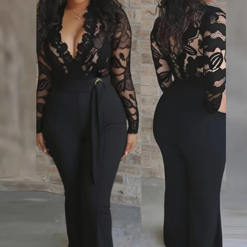 وزرة الدانتيل غير رسمية خياطة بلون حللا طويلة موضة هايت الخصر سليم السروال القصير أنيقة الخامس الرقبة طويلة الأكمام بلايسوت