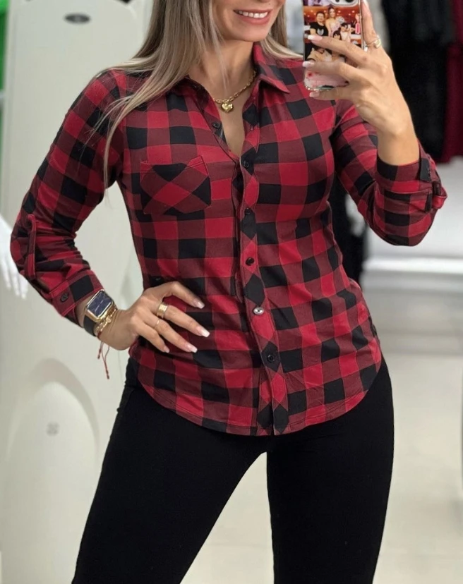 Tops for Women 2024 Plaid Print Turn-Down Collar Top Autumn Casual Pocket Button Design Cardigan Shirt Long Sleeves Plaid Shirt