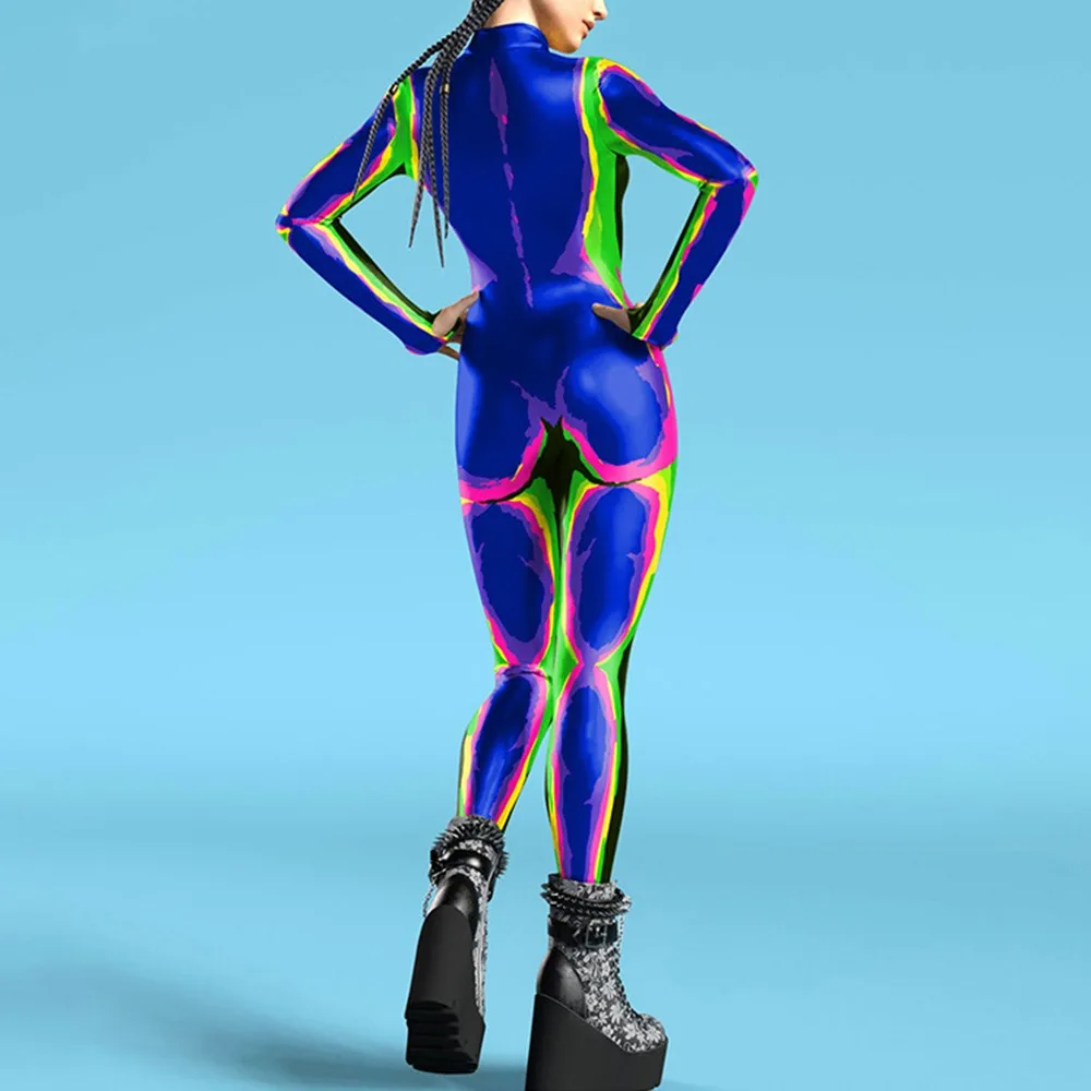 Combinaison slim décontractée imprimée colorée en 3D, combinaison de fête de carnaval d'halloween, Costume de jeu de rôle, Costume de scène Slim