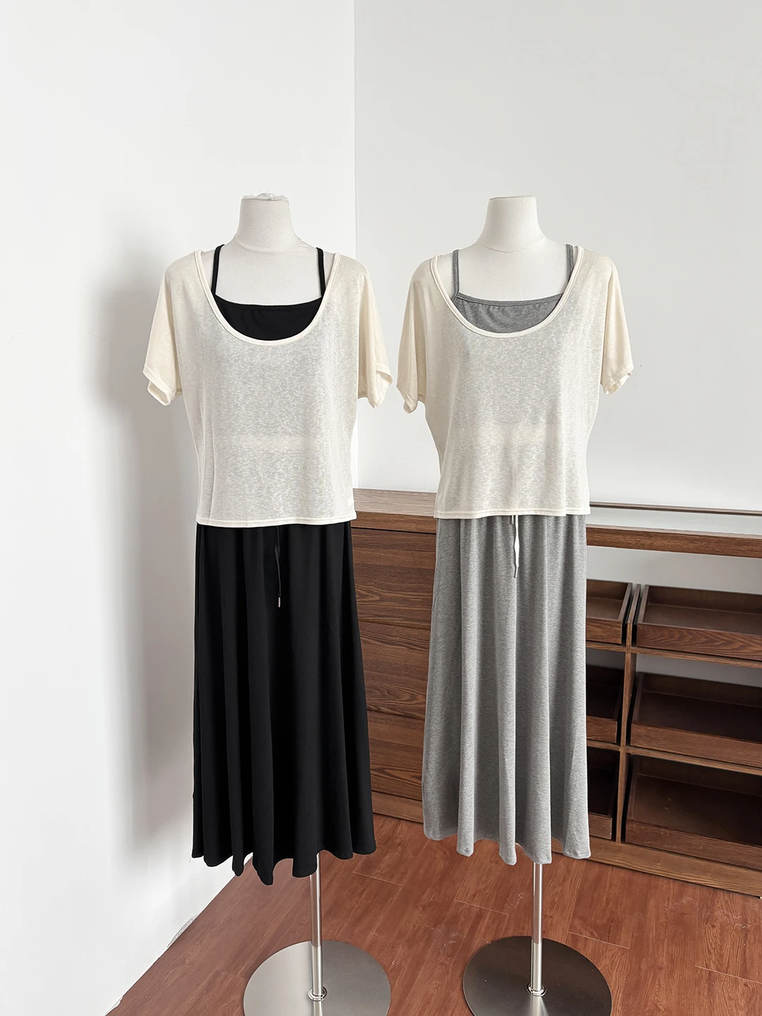 

Summer 2026 Women's Korean Style Cross Strap T-Shirt Cover up Skirt Set Elastic Waist Maxi Dress Three Piece Set Fashionable