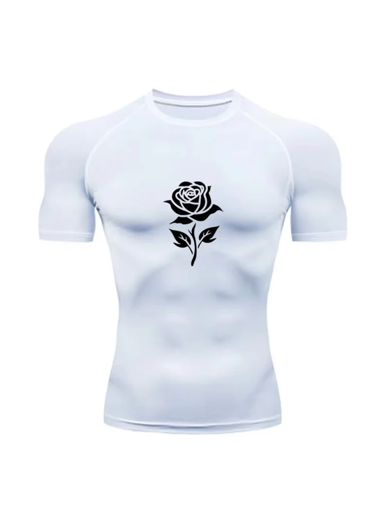 Men's Rose Graphic Compression T-shirt, Quick Dry Short Sleeve Athletic Gym Workout Running Base Layer Top WX036