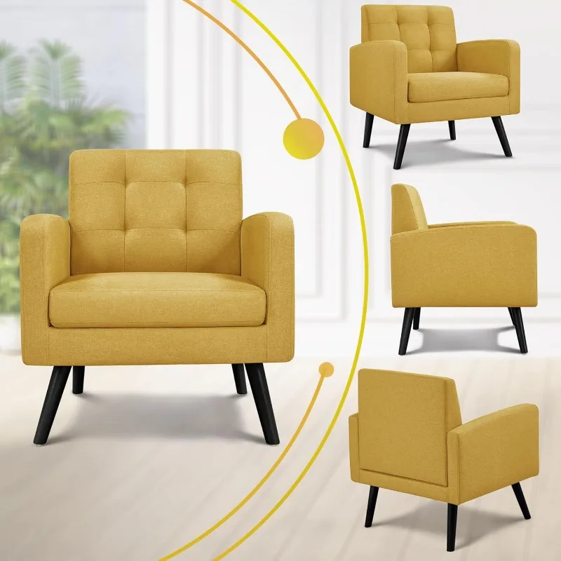 Sillas de acento de mediados de siglo, silla tapizada para sala de estar, sillón acogedor con botón, espalda acolchada y patas de madera, Juego de 2, amarillo