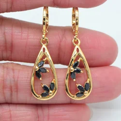 Gold Color Women Fashion Black Zircon CZ Teardrop Dangle Earrings Jewelry