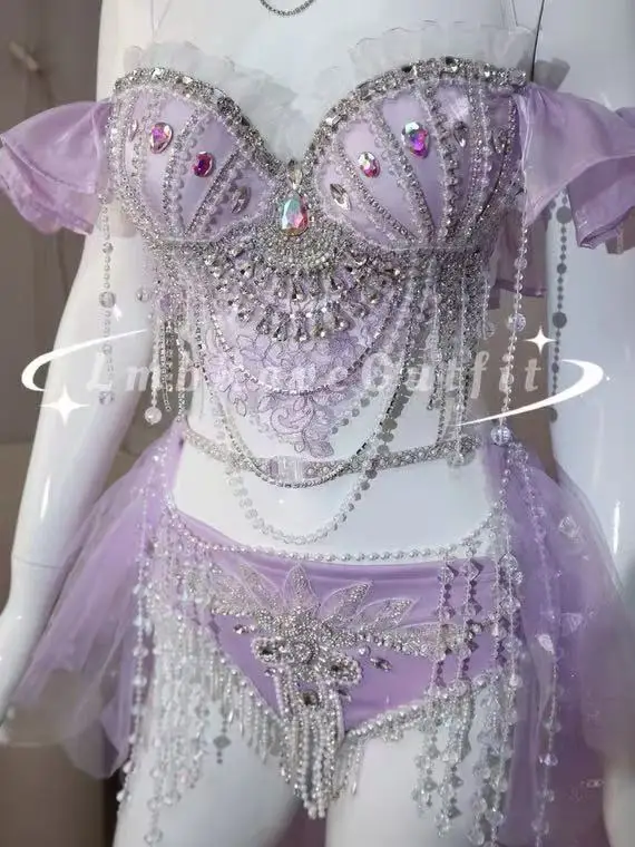 Luxury Full Diamond Fringe Bikini Sequin Skirt Women Singer Dance Stage Bar Night Club Party Prom Bithday Festival Rave Outfits