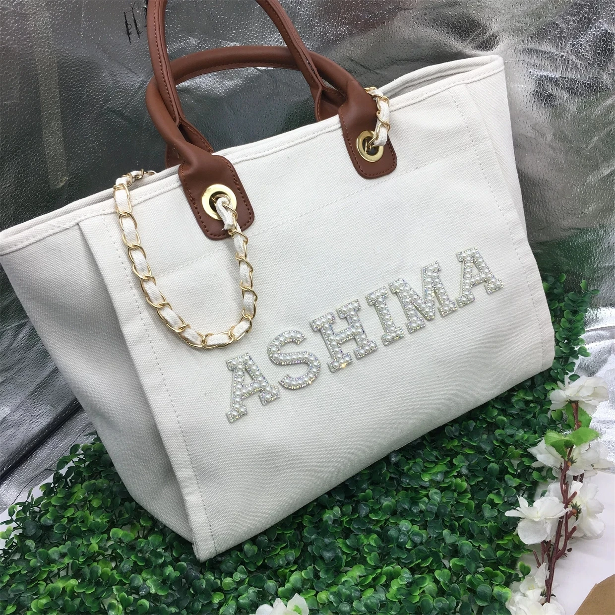 Custom Name Cream Canvas Monogram Tote Bag, Tote Bag Embellished Personalized Pearl Rhinestone Lettering, Bride Beach Tote Bag