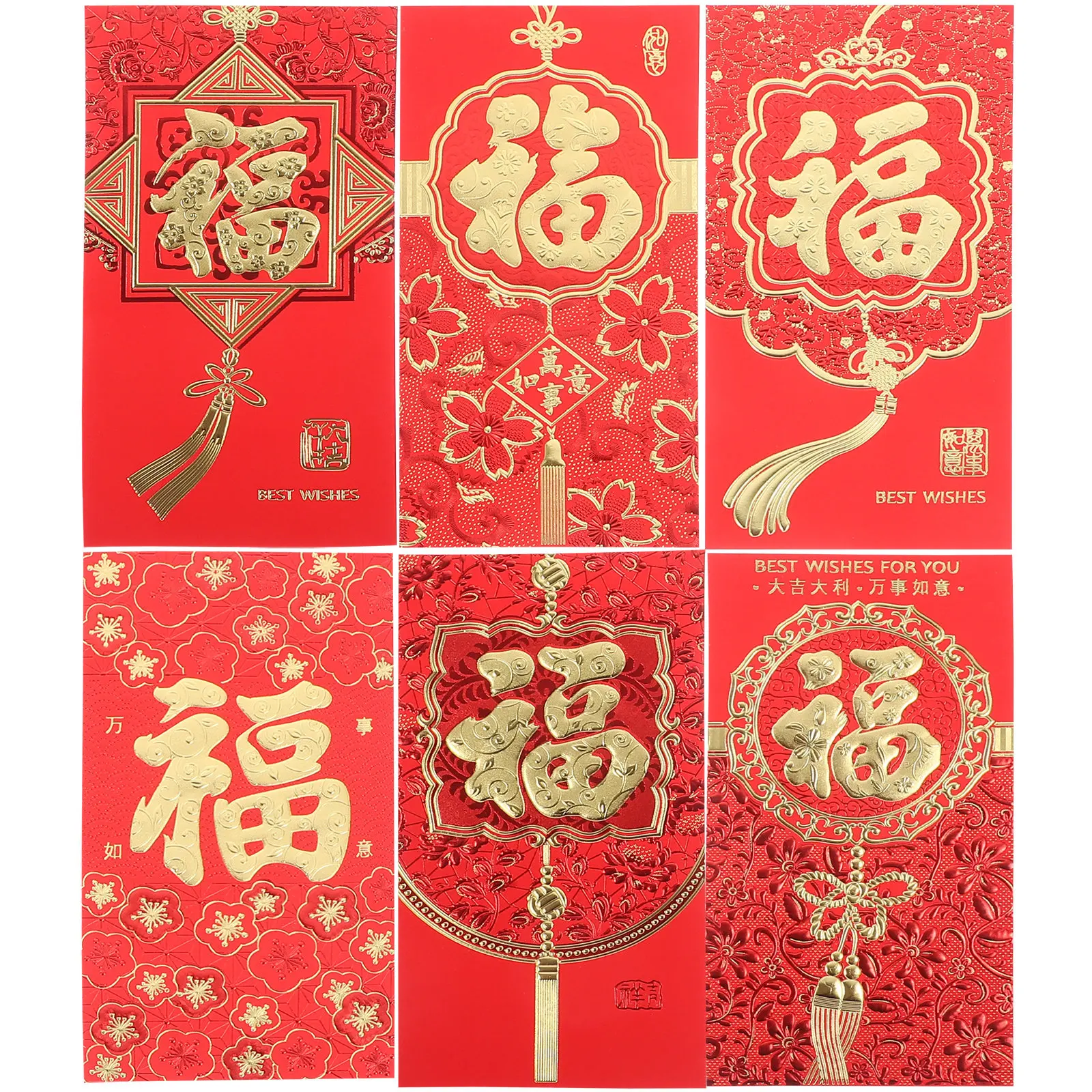 

6Pcs Traditional Chinese Red Envelopes Dragon Year Theme Fu Character Design Paper Money Pockets for New Year Gifts Wedding