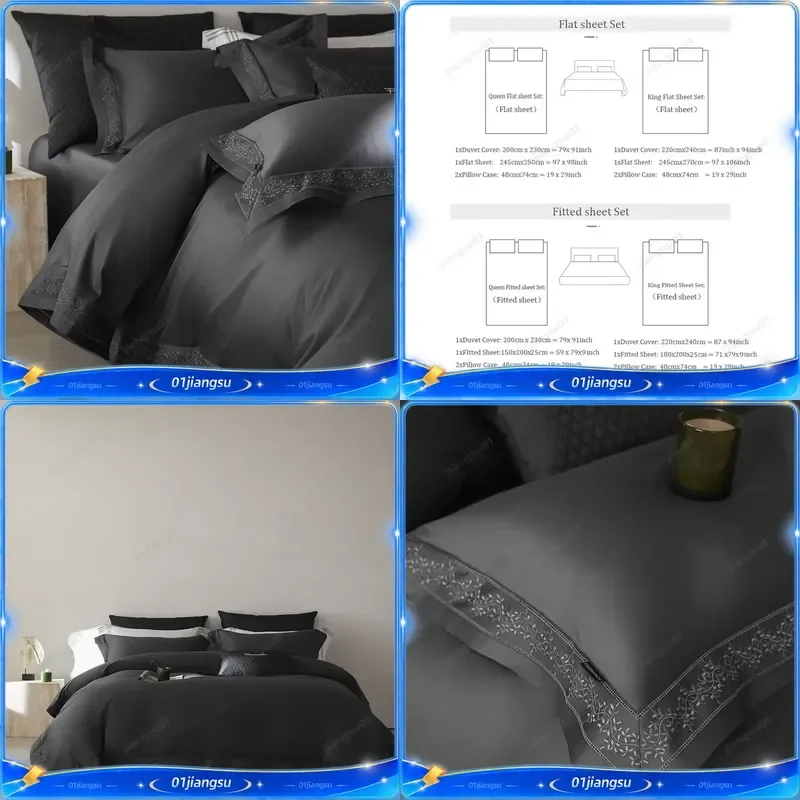 1000TC Egyptian Cotton Bedding Set Luxury Wide Edge Embroidery Duvet Cover Flat Fitted Sheet Pillowcases 4Pcs Solid Color