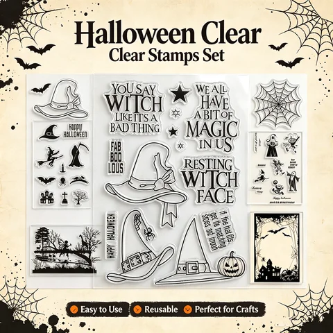 Halloween Clear Stamps Set Witch Pumpkin Bat Silicone Rubber Stamp for Card Making DIY Crafts Scrapbook Journaling Party Decor