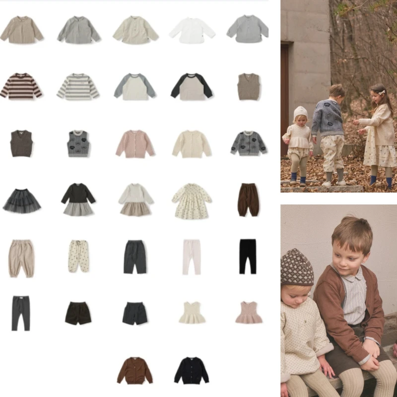 BENE AW 2026 New Girls' Cotton Retro Print Long-Sleeve Dress Elegant Skirt Boys' Shirt Boot-Cut Pants Set Kids' Sweater Trousers