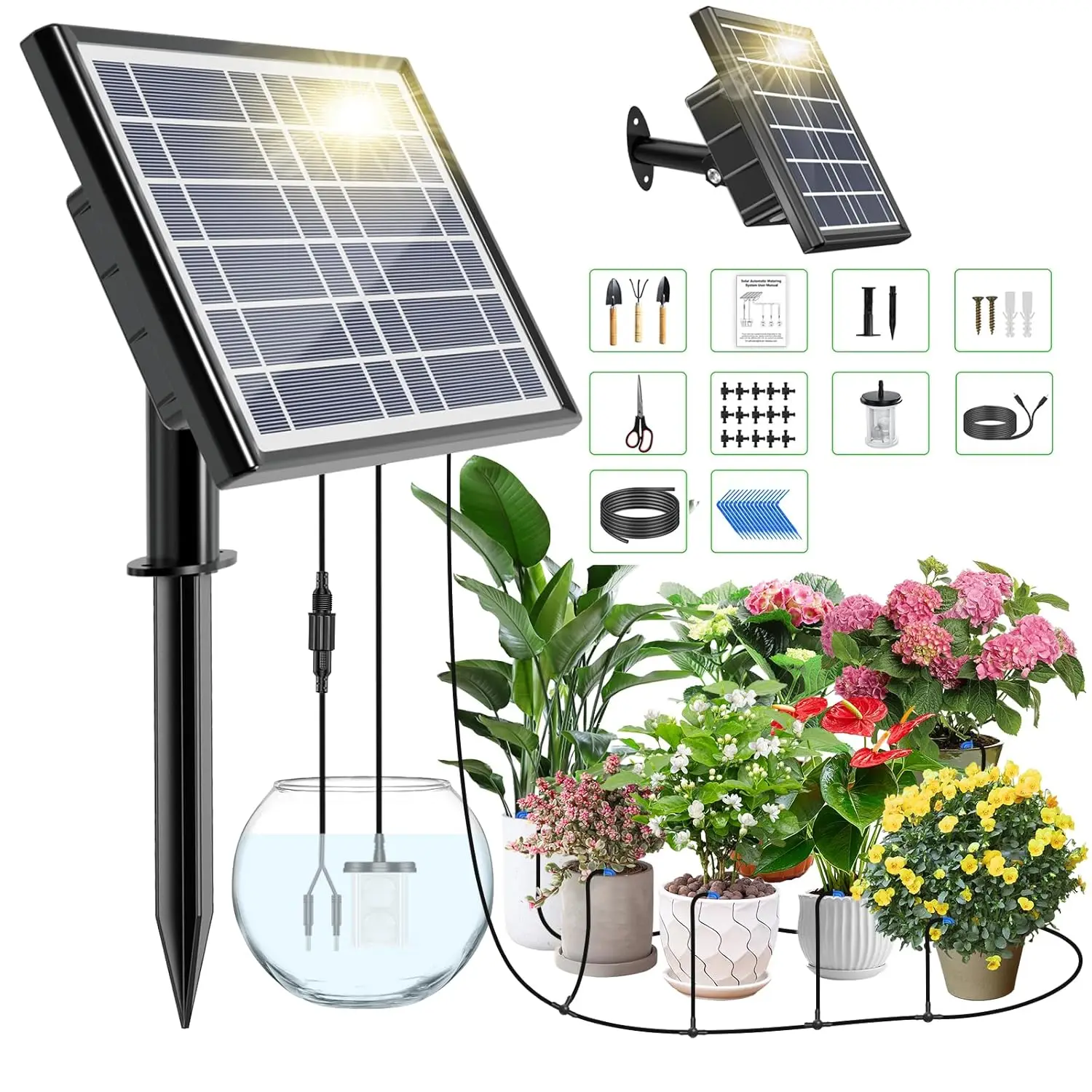 

Solar Drip Irrigation Kit System, 15Pots Solar Powered Auto Easy DIY Plant Watering Devices, Automatic Watering System