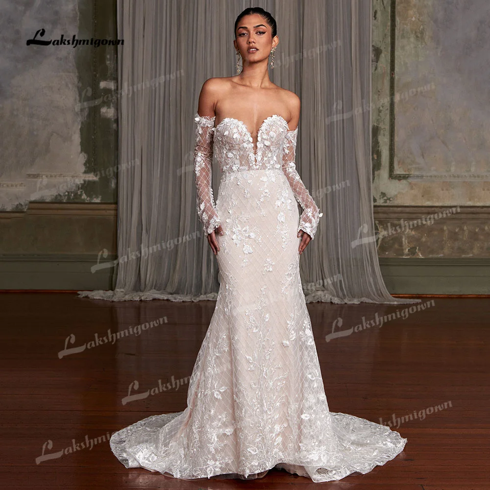 YanshmiGown-Robe de mariée sirène longue, robe de mariée classique, manches longues, fleurs plissées, longueur au sol