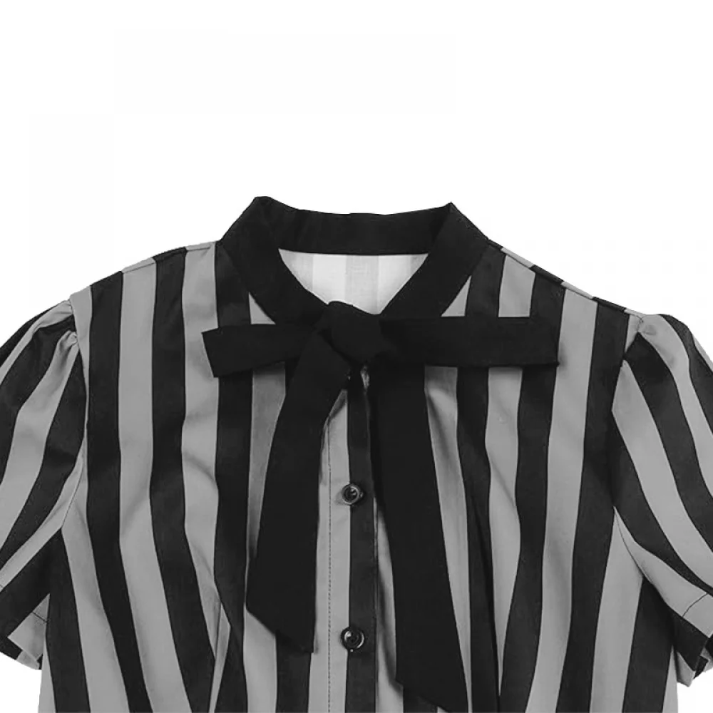 Gaun bergaris 1950-s wanita untuk gaun Retro hitam dan putih gaun motif garis cetak dasi depan Rockabilly kostum Halloween