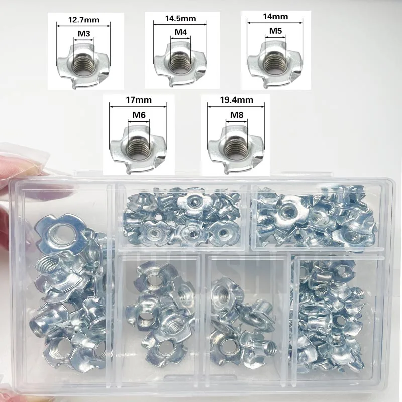 80pcs 4 Prong Zinc T-Nut Kit - Steel Assortment, 5 Sizes M3/M4/M5/M6/M8, Rugged Case