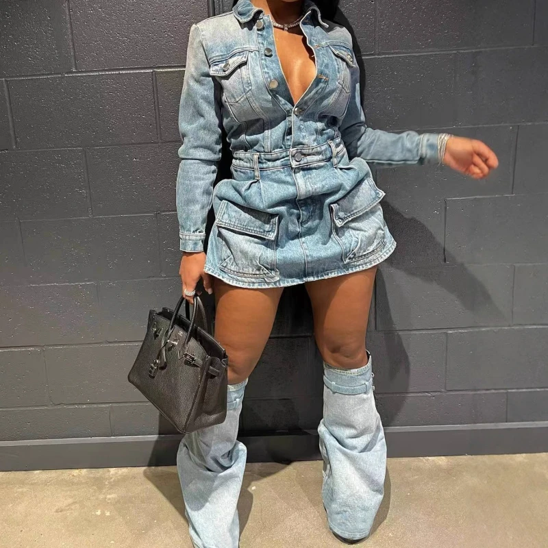 

Women's Fashion Button Long Sleeve Denim Mini Dress Turn-down Collar Pocket with Leg Cover Clothing Female Vestidos Streetwear