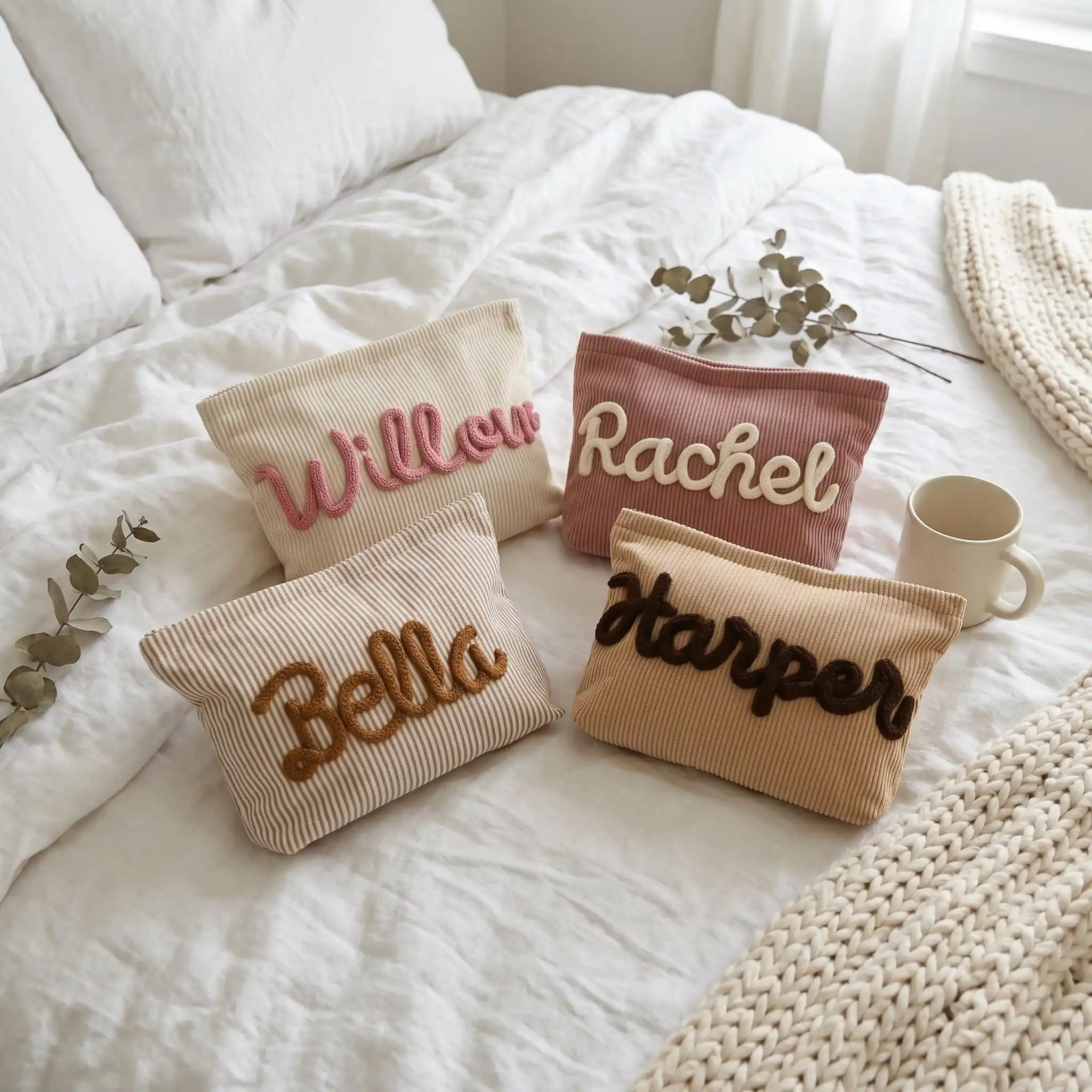 Personalized Corduroy Makeup Bag, Custom Name Cosmetic Pouch, Bridesmaid Gift, Travel Toiletry Bag Women's Handbags