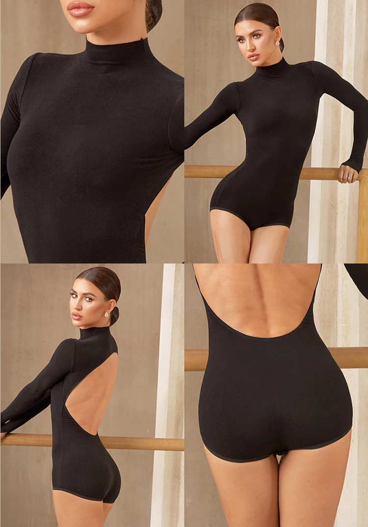 Leotardo de baile latino para adultos para mujer, mono negro de manga larga con espalda descubierta y cuello alto, Top Cha-cha Samba, traje de entrenamiento de baile de salón
