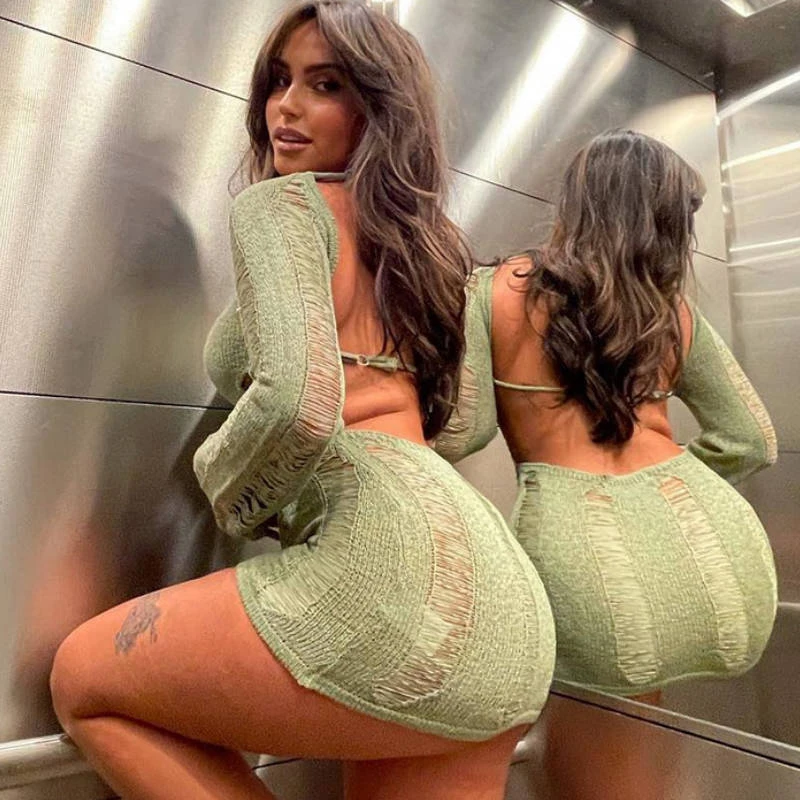 

Sexy Women Slim Beach Dress Backless Knitted Mini Dress Crochet Knit Hollow Out Sundress Long Sleeve Drawstring Tie Up Dresses