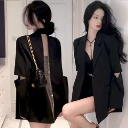 Women Sexy Chain Blazer with Cut-out Back 2023 New Korean Fashion Black Loose Thin Blazers for Women Elegant Chic Coats Female