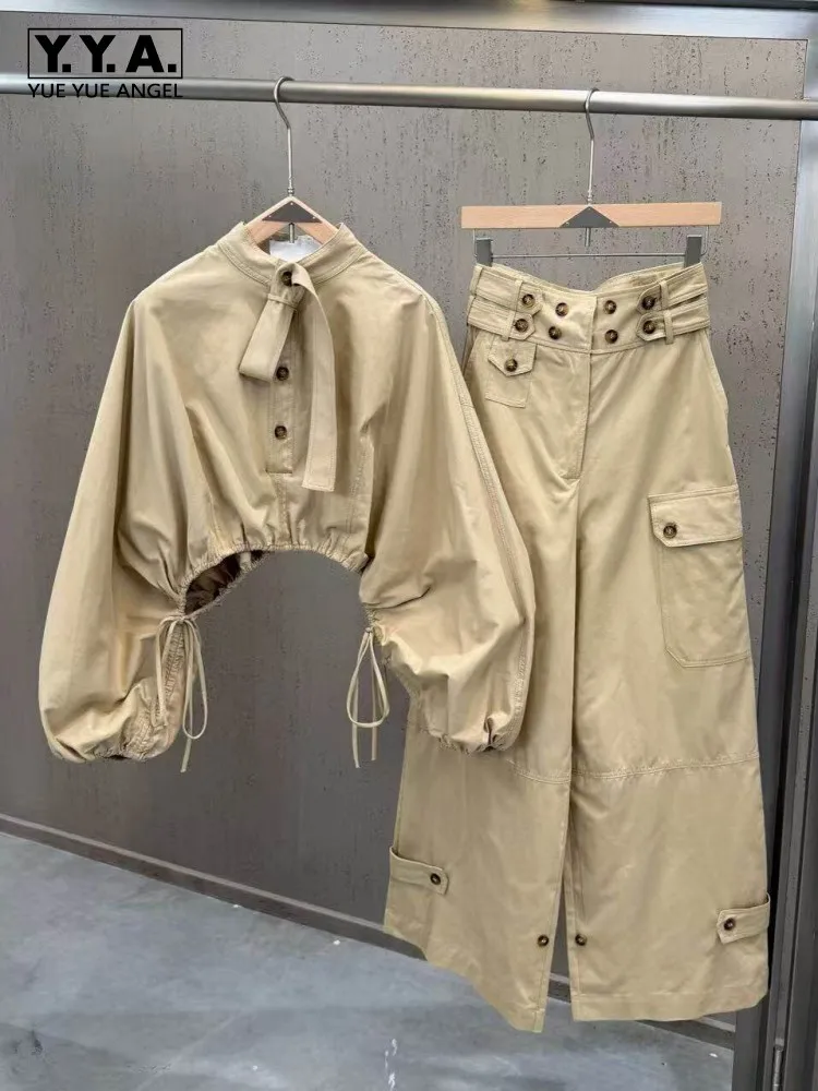 

Women Two Piece Set Loose Fit Lantern Sleeve Short Tops High Waist Wide Leg Pants New Fashion Safari Style Matching Set Outfit