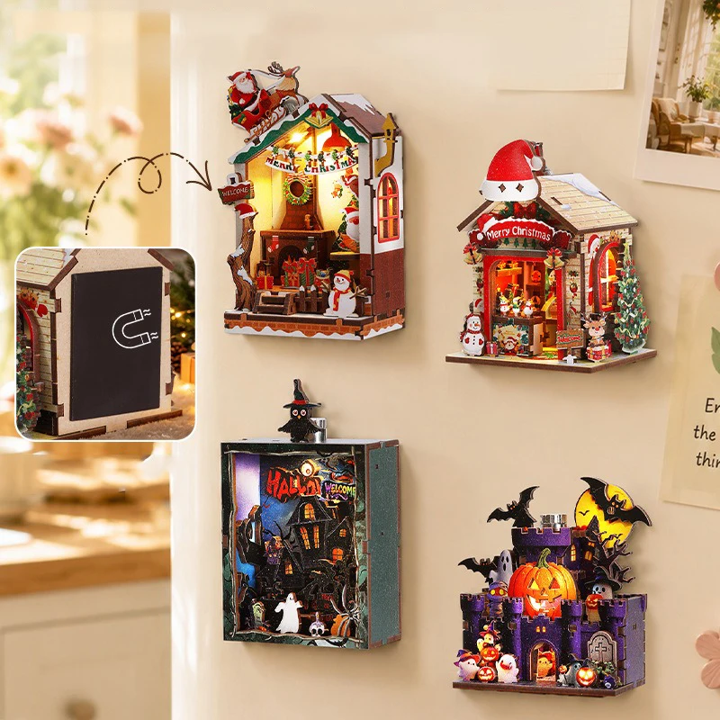 Halloween Ghost Castle Handmade Assembled Refrigerator Sticker Wooden 3D Puzzle Scene Model Ornament Creative Birthday Gift Toys