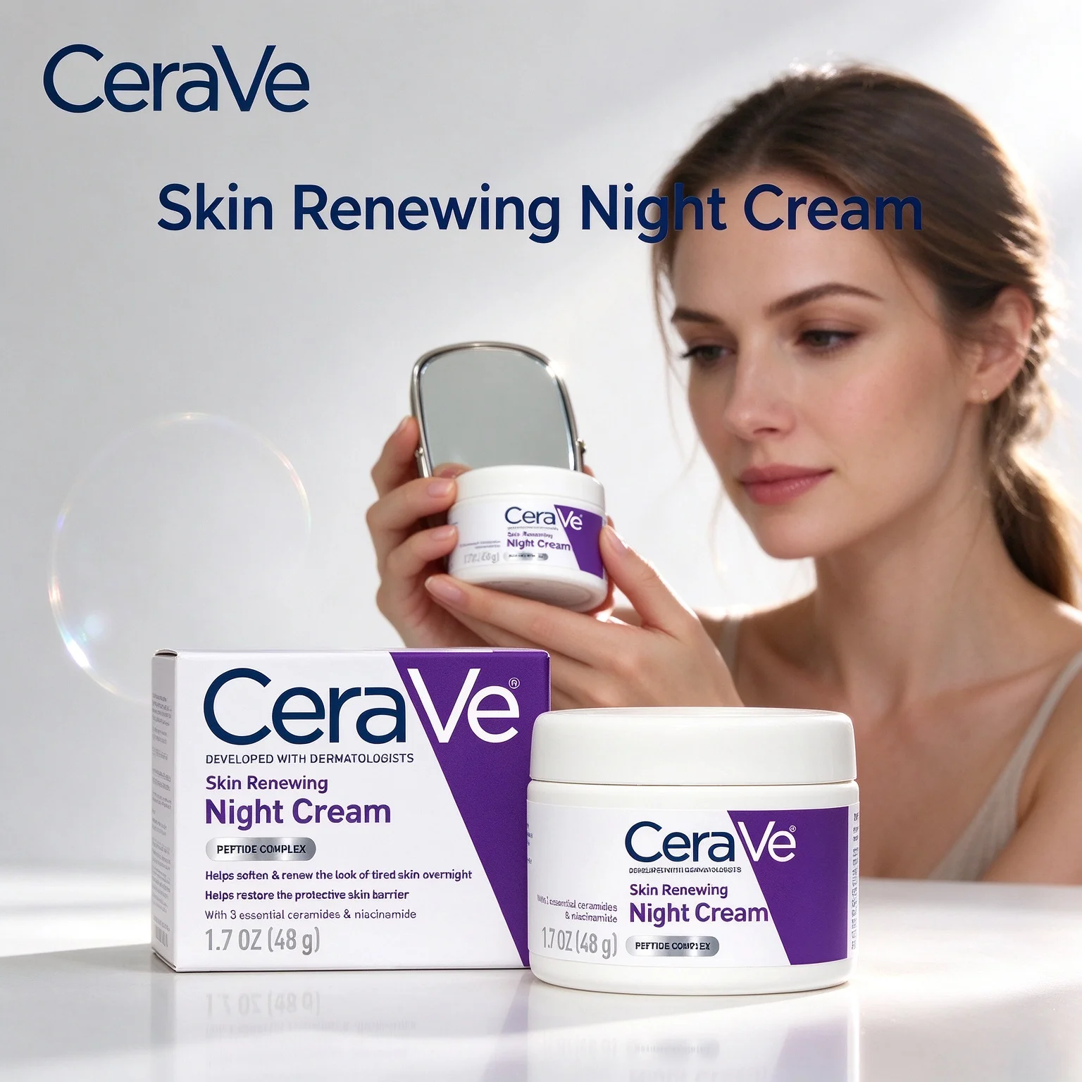 CeraVe Skin Renewing Night Cream 1.7 OZ /48g Fragrance-Free Night Cream Dermatologist Recommended For Night Skin Care